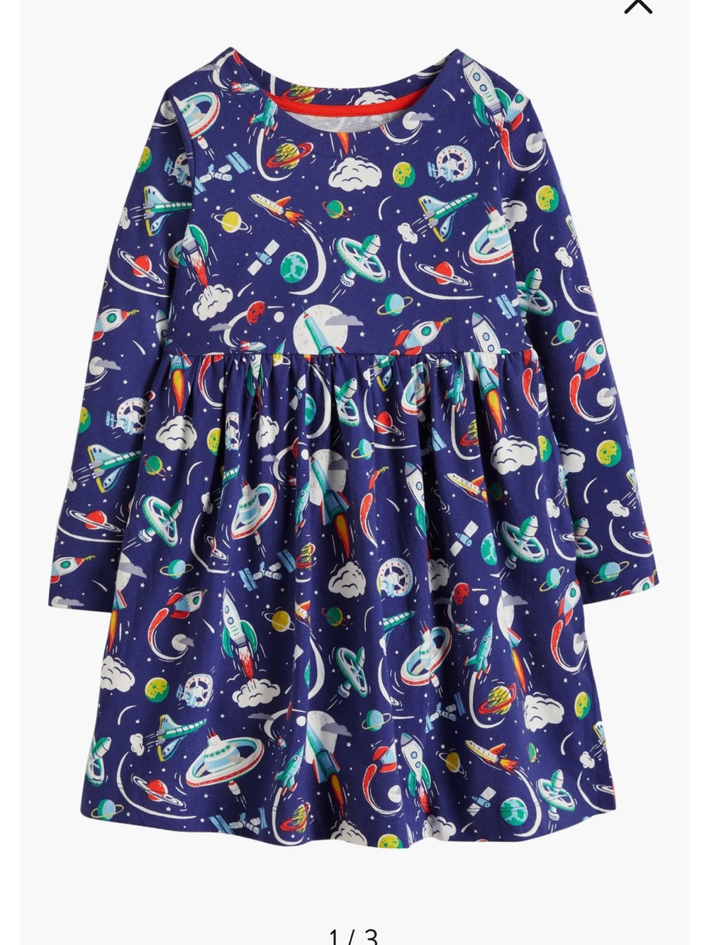 Mini Boden Navy Soace Rocket & Planet Print Long-Sleeve Dress 5-6